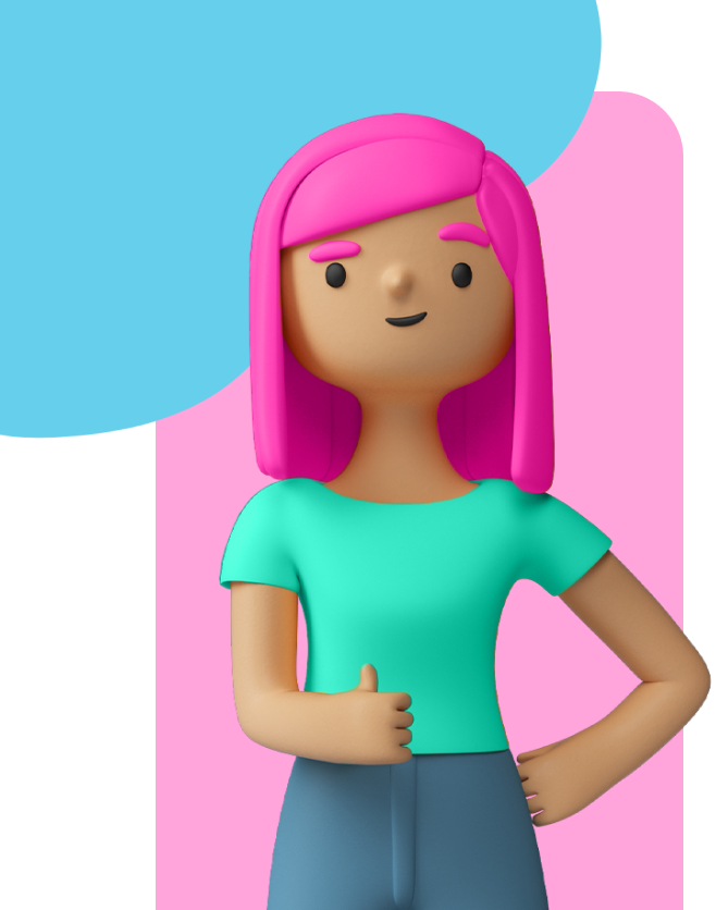 desenho 3d moderno de uma mulher de cabelo rosa fazendo joia com a mão, usando uma camiseta verde escrito NOW, fundo rosa com detalhe azul no topo